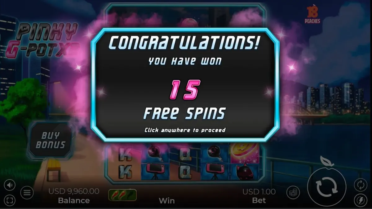 Captura de tela do jogo Pinky G-Pot X2, mostrando uma interface de slot com tema de cultura de rua de Seul, motocicletas e luzes neon.