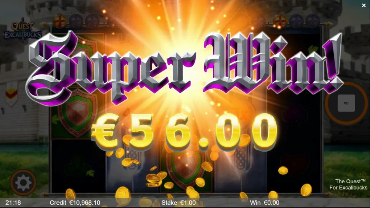 Interface do jogo The Quest for Excalibucks com tema medieval e rolos brilhantes